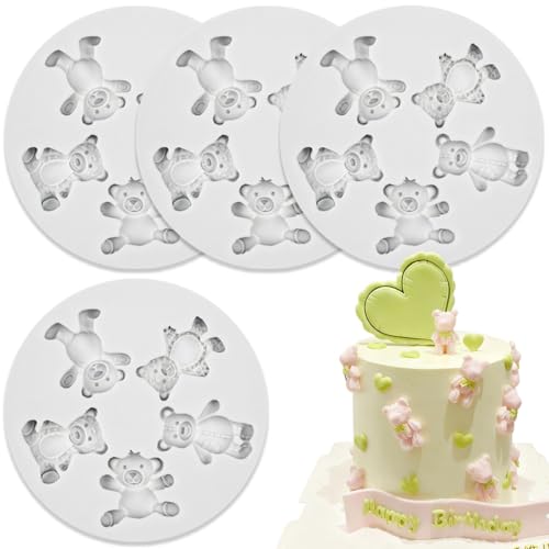 4 PCS Bear Silicone Fondant Molds Mini 3D Teddy Bear Candy Cake Chocolate Molds for Cake Decoration, DIY Desserts, Cupcake, Fondant, Clay, Gum Paste