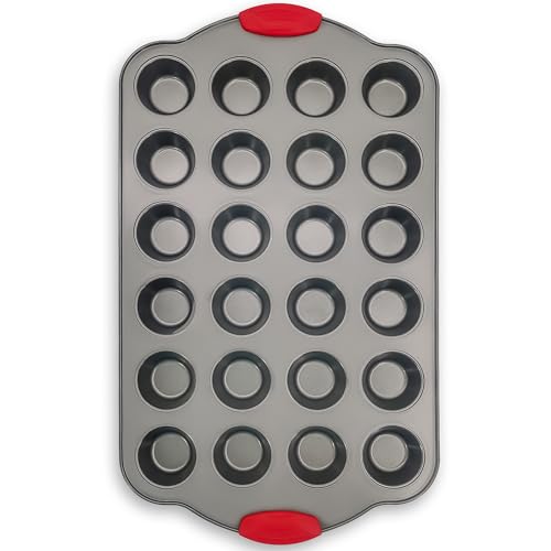 Boxiki Kitchen 24 Cup Mini Muffin Pan with Silicone Handles | Professional Non-Stick Cupcake Pan for Muffins, Cupcakes, Egg Bites, and More