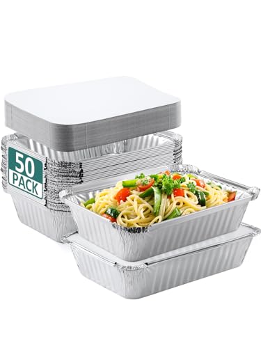 NEEBAKE 50 Pack 8x6 Disposable Aluminum Pans with Lids Aluminum-Foil-Pans-Tin-Foil-Baking-Pans-Tin-Trays-Food-To-Go-Containers-for-Meal-Prep-Cooking-Roasting-Heating-Takeout - size: 8x6 - 50 Pans + Lids