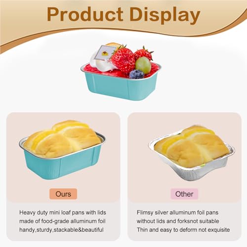Mini Loaf Pans With Lids And Spoons 50 Pack,5.5 Oz Rectangle Mini Individual Cake Tins Disposable Small Aluminum Foil Baking Pans(50, Wathet) - color: Wathet