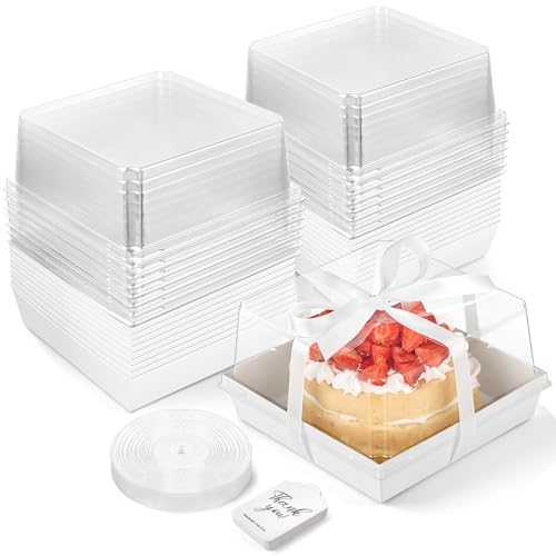 ZORRITA Paper Cake Boxes with Clear Lids, 7" x 7" x 4", 20 Pack, White - color: White