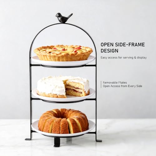 SparkWorks 3 Tiered Cake Stand, Tea Party Serving Platter, Dessert and Cupcake Stand, Metal Tiered Serving Stand Includes Three Premium White Stoneware Plates - size: 8.5 inch