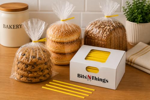 4 Inch Yellow Twist Ties - 2000 Count | Paper Coated Wire Bag Ties | Bread Bags, Bakery, Candy, Coffee & Food Packaging | Dispenser Box | Bits N Things - color: Yellow, size: 4 Inch - 2000 Count