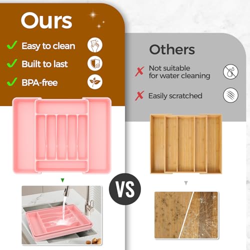 ukeetap Extra Large Expandable Silverware Organizer, Flatware Tray, Pink - color: Pink
