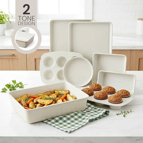 Larder & Vine 8-Piece Stackable Bakeware Set, Ceramic-Coated Nonstick Baking Pan Set, Non-Toxic, with Baking Sheets, Muffin Pan, Loaf Pan & Cake Pans, French Gray - color: French Gray