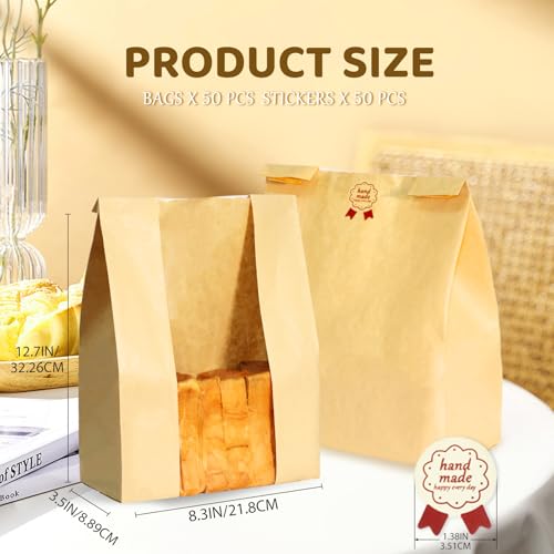 WIKDAY Bread Bags for Homemade Bread 50PCS Sourdough Bakery Bag with Window - size: Large Size (8.3" x 3.5" x 13.7") with Stickers A
