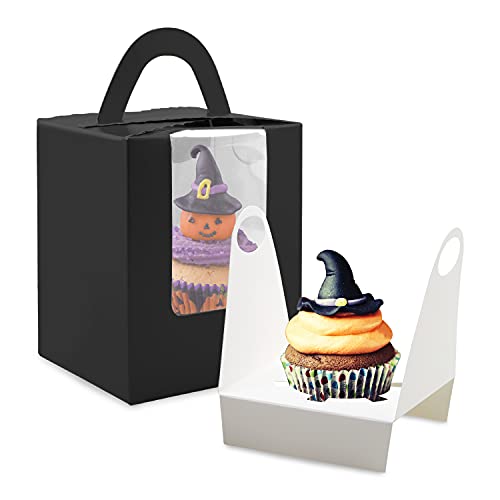 Cupcake Boxes, 30 Pcs Single Cupcake Boxes Individual Cupcake Containers Muffins Cupcake Carriers Holder Kraft Pastry Containers with Insert Window & Handle for Wedding Birthday Parties (Black-2) - color: Black-2