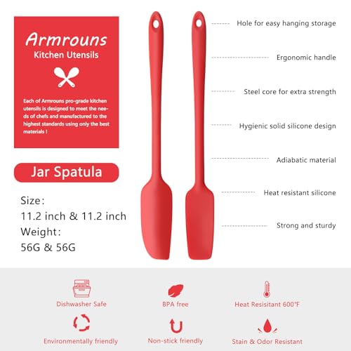 2-pack Jar Spatula Long Handle Silicone Kitchen Scraper Spatula Non-Stick Rubber Scraper for Jars, Cooking Baking Stirring Mixing (Red)