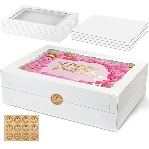 MUMULULU 4 PCS 19x14x4 Inch Cake Boxes with Cake Board White Sheet Rectangular Bakery Boxes with Window for Donuts Cookies Dessert Cupcakes Pastry Baking Pie Packaging - size: White 19×14×4