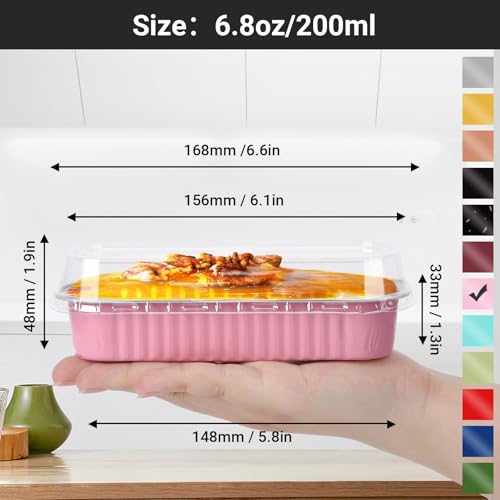 EUSOAR Dessert Cups with Lids, 100pcs 6.8oz 6.5"x2.5"x1.2" Pink Aluminum Foil Baking Cups Mini Loaf Pan Tin, Disposable Ramekins Containers Cheesecake Creme Brulee for Party Shower Wedding Gathering - color: Pink, size: 100pcs