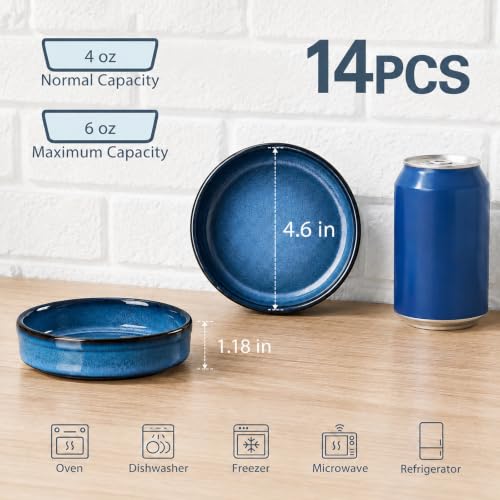 ONEMORE Creme Brulee Ramekins 4 oz Ceramic Ramekin Set of 14, Oven Safe Baking Ramekins, Small Sauce Dishes, Stackable Blue Custard Cups, Dishwasher Microwave Safe - color: Blue, size: 4 oz (14PCS)