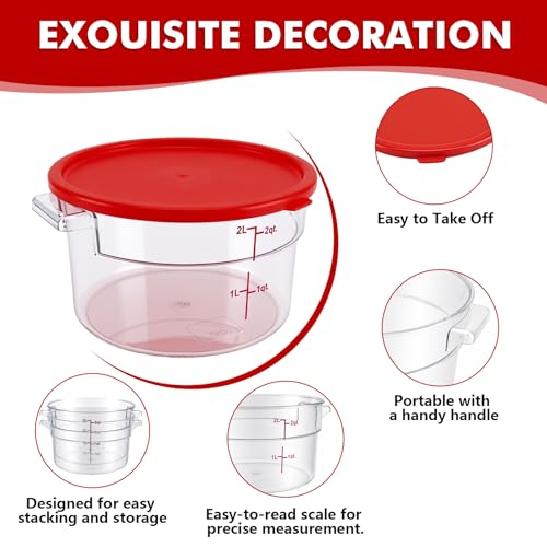 4-Pack Food Storage Container with Lid,Round Plastic Storage Box with Scale & Grip Perfect for Cake Prep, Marinating, Dough Mixing, Kitchen Supplies (Red, 2QT) - size: 2QT