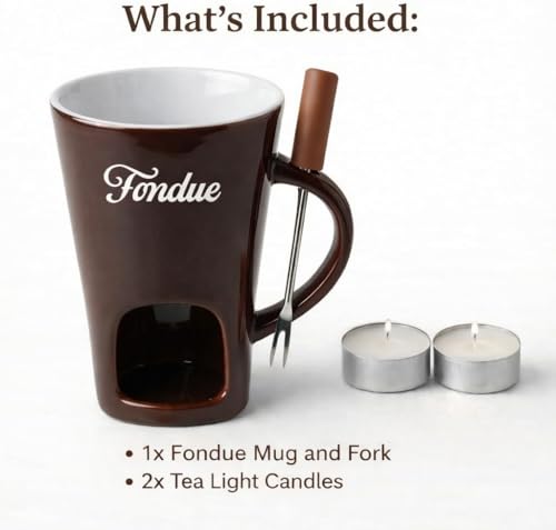 Brown Chocolate Fondue Mug with Tealight & Fork – Ceramic Single-Serve Fondue Cup for Chocolate & Cheese Dipping - color: Brown
