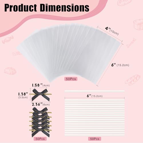 JCXGRVC 50pcs 4" x6"Clear Rice Krispie Treat Bags with Sticks and Ties Bows - color: Black