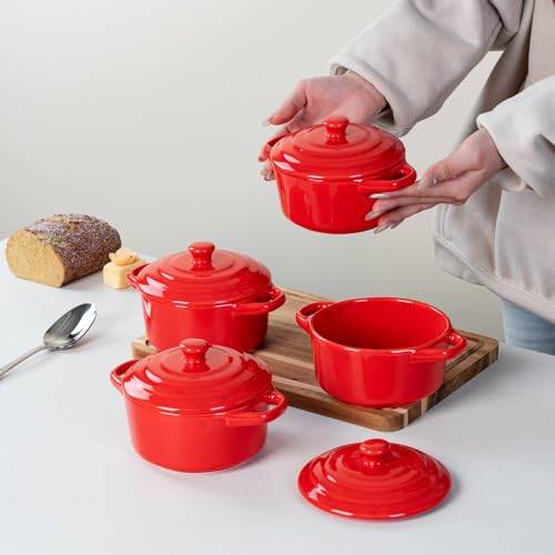Mini Dutch Oven Set of 4, 14 oz Ceramic Mini Dutch Ovens with Lids and Handles, Ramekins with Lids for French Onion Soup, Pot Pies, Soufflés and Baked Desserts, Oven Microwave Dishwasher Safe, Mini Cocotte，（Red） - color: Red