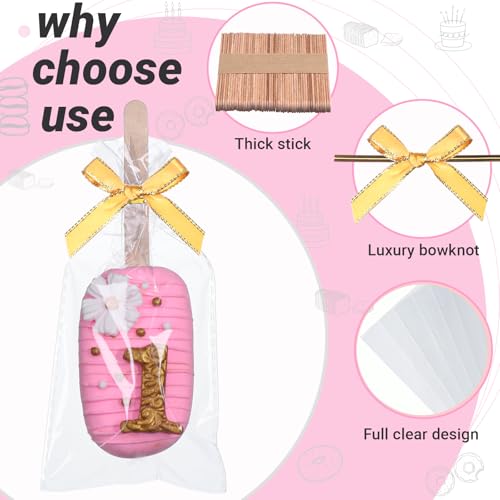 50pcs 4x6" Clear Cakesicle & Rice Krispie Treat Bags, Individually Wrapped. Includes Stick, Tie & Bow Kit. Perfect for Macarons, Candies, Apples, Cookies, Cakes, Ore Pops - Ideal Party Favors - color: Gold
