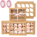 qiqee Auto-pop Up Cupcake Boxes with Window Brown 40PCS 12 Count Cupcake Box 13"x10"x3.5" Cupcakes Carrier, 12 Cupcake Containers with 2 rolls of pink ribbons - color: Brown, size: 12 Holder/40 Packs