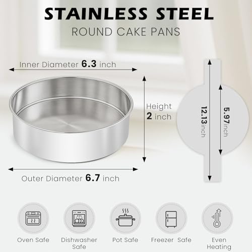 6 Inch Cake Pan - 3PCS Stainless Steel Smash Cake Baking Pans Tins with 100 PCS Parchment Paper, Round Bakeware for Party Birthday Wedding, Mirror Finish & Dishwasher Safe - size: 6 inch -A