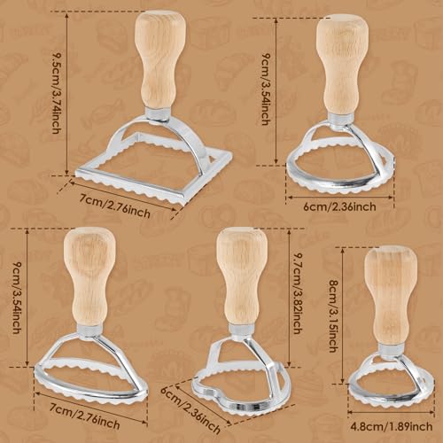 Premium Wooden Handles 6pcs Ravioli & Pasta Maker Set - Easy-to-Use Stamp and Cutter Wheels for Homemade Spaghetti, Tortellini, Lasagna, Dumplings, and More - Perfect Kitchen Gadgets