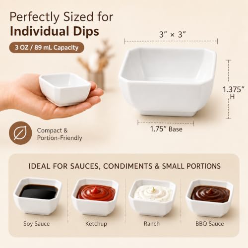 3 OZ Square Dip Bowls Set of 6, White Ceramic Dipping Sauce Dishes - size: 3 oz