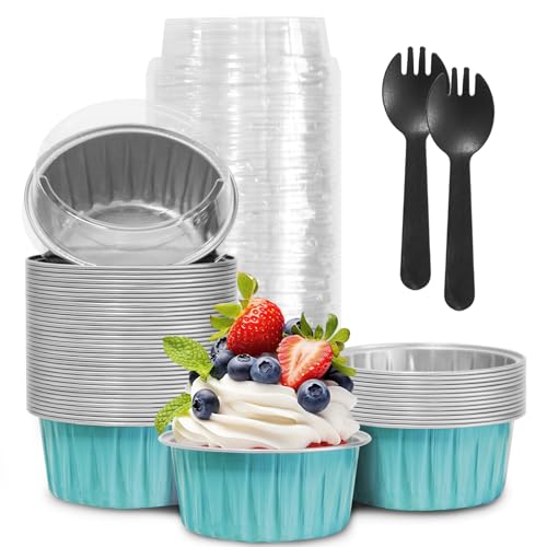 50Pcs Mini Aluminum Foil Cupcake,5oz Light Blue Baking Cups with Lids - color: Light Blue