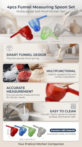 Leaky Measuring Spoon Set, Spill Proof Accurate Funnel Transfer Design for Kitchen Baking Food Grade Transparent ABS 4 Piece