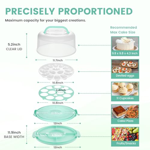 HANSGO Cake Carrier with Lid and Handle, Extra Deviled Egg Containers, Cake Holder for 10 inch Cakes with 2 Handles, 11 Capacity Cupcake Carrier, Two Sided Base for Nuts, Fruits, Muffins, Pies, Pizza