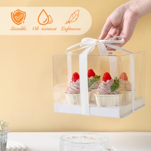 JCD 4Pack Clear Cupcake Boxes, 4 Count Cupcake Containers with Gift Ribbon,5.3inches height Plastic Cupcake Carrier Holder for Treat Dessert Cookies Muffins Pastry Baby Shower Party(4count/4pcs) - size: 4count/4pcs