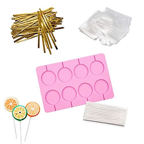8-Capacity Large Silicone Lollipop Molds, Chocolate Hard Candy Mold with 60pcs Sucker Sticks, Candy Treat Bags, Gold Ties. Great for Sucker, Hard Candy, Lollipop, Cake pop (Large Round) - style: Large Round