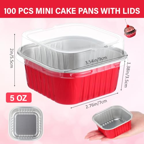Skylety 100 Pcs 5oz Mini Square Cake Pans with Lids, Red - color: Red