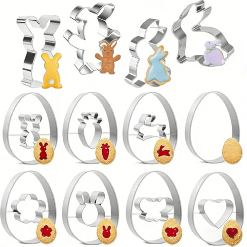 Cookie Cutters Set, 12PCS Stainless Steel Baking Molds with Bunny Egg Carrot Flower Shapes, Spring Cookie Cutter Set for Cookies, Biscuit, Fondant, Baking Supplies