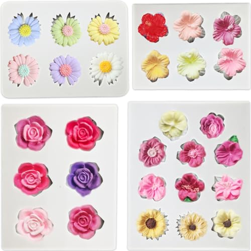 4Pcs Rose Flower Silicone Candy Mold, Daisy Hibiscus Flower Fondant Chocolate Silicone Molds for Cake Decorating, Polymer Clay Molds Resin Mold for Baking Soap Ice Cube Wax Melt - color: Hibiscus mold