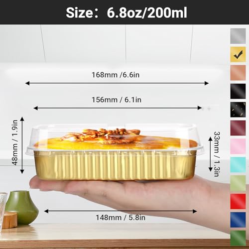 EUSOAR Baking Cups with Lids, 100pcs 6.8oz 6.5"x2.5"x1.2" Gold Aluminum Foil Ramekins Baking Cups Mini Loaf Pans with Lids Disposable，Cupcake Containers Cheesecake Creme Brulee Ramekins Pan - color: Gold, size: 100pcs