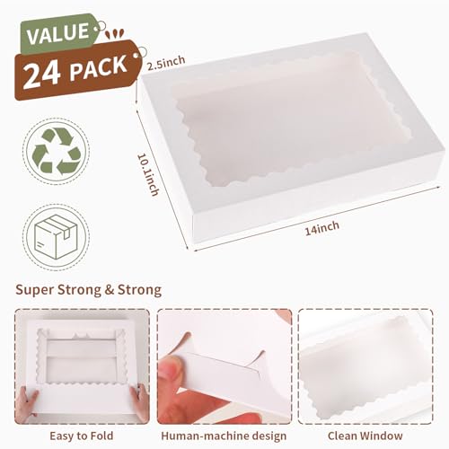 24pcs Bakery Boxes with Window, 14x10x2.5 Inch cookie Boxes, White - color: White, size: 14*10*2.5inch/24pcs