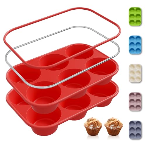 2 Pack 6 Cups Silicone Mini Muffin Pan with Metal Reinforced Frame Silicone Molds Cupcake Cake Baking Pans Cookie Baking Chocoflan Cupcake Mold Cake Molds Kitchen Baking Mom Gift Home Essentials - color: Red, size: 2pc: 6-Cup Jumbo