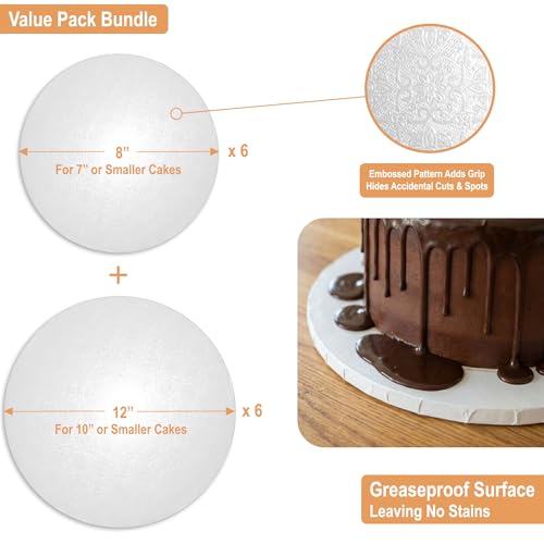 BOARDS+ Cake Drums 8 &12 Inch (2 Sizes, 12 Pack Total) | 1/2" Thick Cake Rounds + Prop Up Tool Included | 0.5" Sturdy Circles, Seamless & Greaseproof For Presenting Heavy/ Tiered Cakes - size: 8"+12''