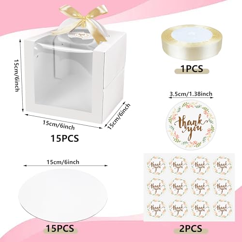 MUMULULU 15 PCS 6 x 6 x 6 Inches Cake Boxes with Carry Handles and Cake Boards White Bakery Boxes with Silk Ribbon and Stickers for Cakes Pastries Birthday Party Wedding - color: White 6×6×6