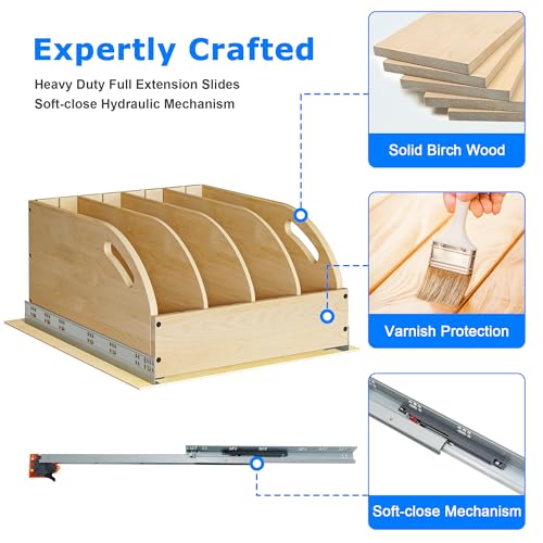 WelFurGeer Birchwood Pot and Pan Organizer with Soft-Close Drawer, Pull Out Cabinet Organizer, Heavy-Duty Slide-Out Storage for Baking Sheets, Cutting Boards, and Kitchen Utensils - size: 17"W X 21"D