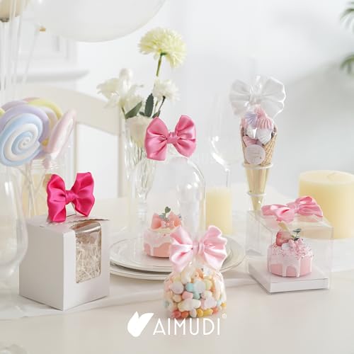 AIMUDI 5 Colors Pink Bows 3.5" Satin Bows with Twist Ties Bow for Gift Wrapping Crafts Treat Bags Candy Cake Pop Premade Bow for Wedding Baby Shower Birthday Party Mother's Day Decoration, 50 PCs - color: Pink Shade