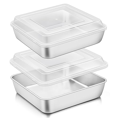TeamFar 9 x 9 Baking Pan, Square Cake Pan with Lid - 2 Pans + 2 Lids - size: 9.3 x 2-Inch