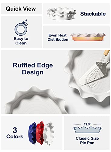 LE TAUCI Ceramic Pie Pans for Baking, 11 Inches Deep Dish Pie Plate for Apple Pie, Pot Pie, 48 Ounce Baking Dish with Ruffled Edge, Set of 2, White - color: White