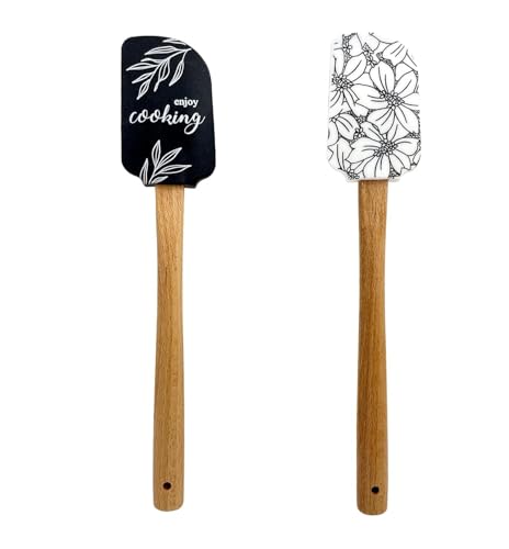 Silicone Spatula Set – 2-Piece Wooden Handle Spatulas for Baking, Cooking & Mixing – Non-Stick Kitchen Utensil Set(blackwhite） - color: BLACK WHITE