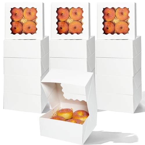 qiqee Auto-pop up Cookie Box with Window 6x6x3 Inch White 60Pcs Pastry Macaron Bakery Pie Box for Packaging - color: 6x6x3, 60Pcs,White
