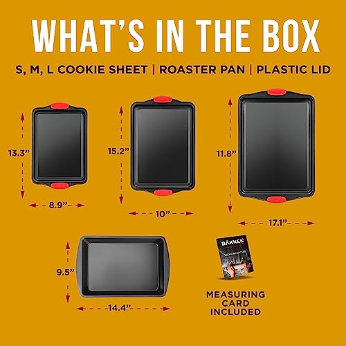 Nonstick Cookie Sheet Pans Set of 5 - Professional Quality Carbon Steel Baking Sheet Trays with Gray Coating Inside & Outside – Small, Medium, Large Pans, Roaster Pan, and Plastic Lid - color: Black, size: Multi-Size Set