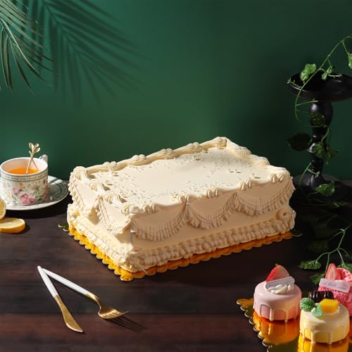 10 Pack 14x10 Gold Cake Board Sheets Rectangle Decorating Wavy Cardboard Grease Proof Foil Base Stand Disposable Plates for Desserts Pastries Display - color: Gold