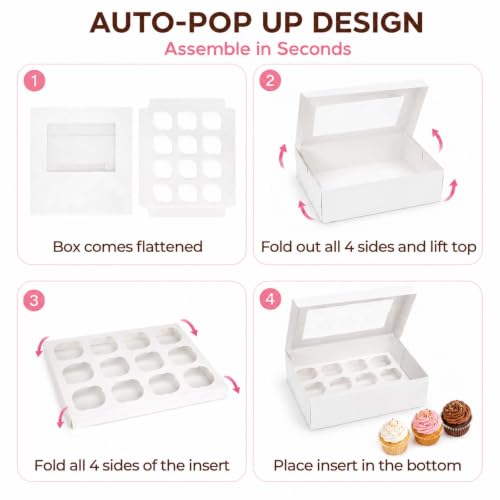 LotFancy 12pcs Cupcake Boxes, 12 Count Bakery Boxes with Windows & Inserts