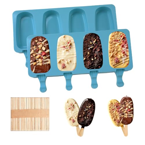 Silicone Popsicle Molds, 2 Pcs Blue Popsicles Molds, 4 Cavities Ice Cream Mold with 50 Wooden Sticks for Making Cakesicles Fudgesicle Candy DIY Cake Ice Pop Summer Party Supplies - color: Blue
