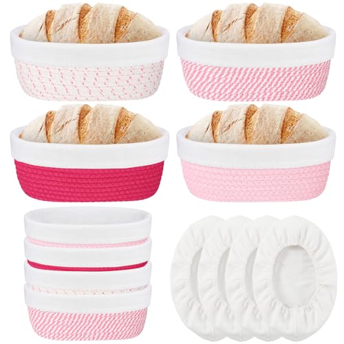 4 Pcs 10 Inch Tones Cotton Rope Banneton Bread Proofing Basket Set Oval Banneton Basket Sourdough Bread with Liners Covers for Baking Supplies (Pink) - color: Pink Tones, size: 10 Inch