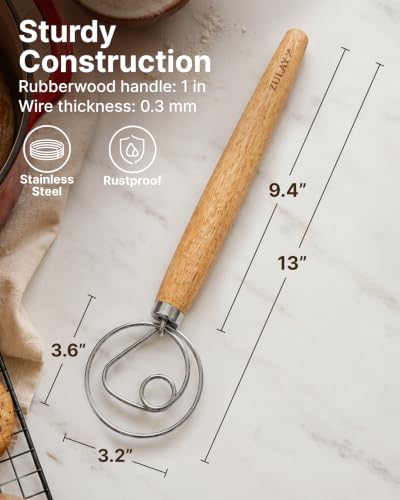 Zulay Kitchen 13-Inch Danish Dough Whisk - Stainless Steel Wooden Whisk with Dough Hook - Sourdough Whisk for Bread, Pizza, Pastry, Cake Batter & More - Wood - color: Rubberwood | Single