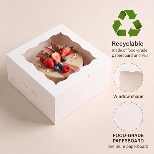 Cake Box 10x10x5 Inch, 24 Pack White Bakery Boxes with Clear Window
